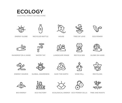 set of 20 line icons such as save the earth, global awareness, energy source, recycle bin, landscape image, water tap, raindrop on a hand, tree of love, house, recycled bottle. ecology outline thin