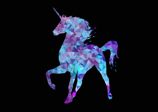 unicorn on black background made of trianfles