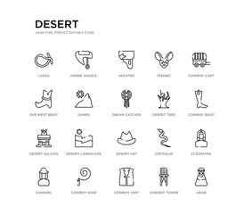 set of 20 line icons such as desert hat, desert landscape, desert saloon, tree, dream catcher, dunes, far west boot, fennec, holster, horse saddle. outline thin icons collection. editable 64x64