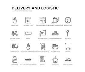 set of 20 line icons such as package on trolley, ocean transportation, supply chain, container hanging, delivery door, parcel, delivery delay, delive box verification, delivery cancelled, cart. and