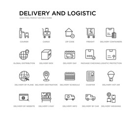 set of 20 line icons such as delivery schedule, delivery destination, delivery by plane, package checking, day, box, global distribution, freight, zip code, cargo. and logistic outline thin icons