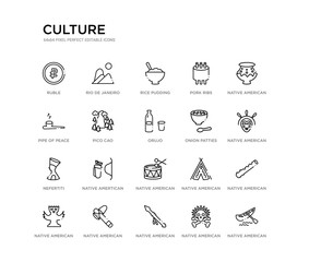 set of 20 line icons such as native american drum, native amertican arrows and quiver, nefertiti, onion patties, orujo, pico cao, pipe of peace, pork ribs, rice pudding, rio de janeiro. culture