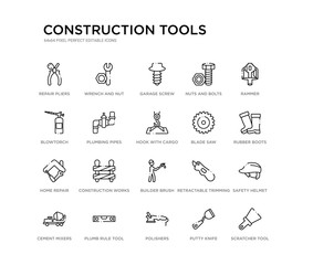 set of 20 line icons such as builder brush, construction works, home repair, blade saw, hook with cargo, plumbing pipes, blowtorch, nuts and bolts, garage screw, wrench and nut. construction tools