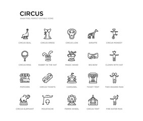 set of 20 line icons such as carousel, circus tickets, popcorn, big bow, magic wand, rabbit in the hat, circus ring, giraffe, circus lion, dress. outline thin icons collection. editable 64x64 stroke