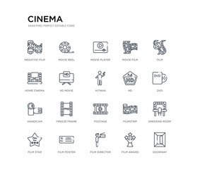 set of 20 line icons such as footage, freeze frame, handicam, hd, hitman, hd movie, home cinema, movie film, movie player, reel. cinema outline thin icons collection. editable 64x64 stroke