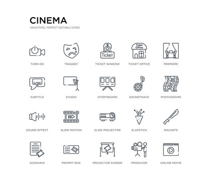 set of 20 line icons such as slide projector, slow motion, sound effect, soundtrack, storyboard, studio, subtitle, ticket office, ticket window, tragedy. cinema outline thin icons collection.