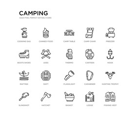 set of 20 line icons such as flashlight, raft, rafting, canteen, thermo, axes, boots shoes, camp chair, camp table, canned food. camping outline thin icons collection. editable 64x64 stroke