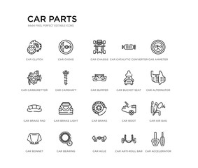 set of 20 line icons such as car brake, car brake light, car brake pad, bucket seat, bumper, camshaft, carburettor, catalytic converter, chassis, choke. parts outline thin icons collection. editable
