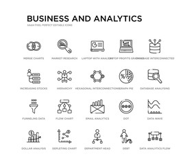 set of 20 line icons such as email analytics, flow chart, funneling data, graph pie, hexagonal interconnections, hierarchy, increasing stocks, laptop profits graphics, laptop with analysis, market