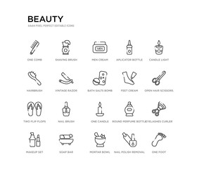set of 20 line icons such as one candle, nail brush, two flip flops, feet cream, bath salts bomb, vintage razor, hairbrush, aplicator bottle, men cream, shaving brush. beauty outline thin icons