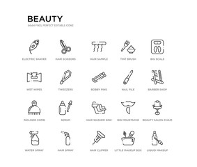 set of 20 line icons such as hair washer sink, serum, inclined comb, nail file, bobby pins, tweezers, wet wipes, tint brush, hair sample, hair scissors. beauty outline thin icons collection.