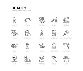 set of 20 line icons such as sauna, spray, blush, lip gloss, aroma, deodorant, foam, pencils, perfume, powder. beauty outline thin icons collection. editable 64x64 stroke