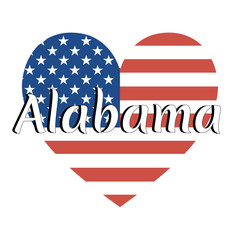Heart shaped national flag of The United States of America with inscription of state name: Alabama in modern style. Vector EPS10 illustration.