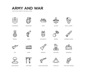 set of 20 line icons such as missile, tank, jet, bomb, dynamite, gun, medal, plane, ship, granade. army and war outline thin icons collection. editable 64x64 stroke
