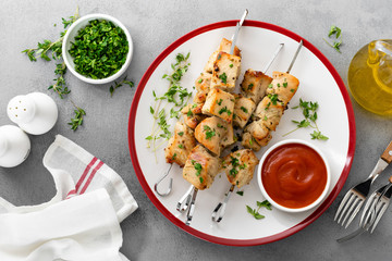 Grilled meat skewers, chicken shish kebab top view