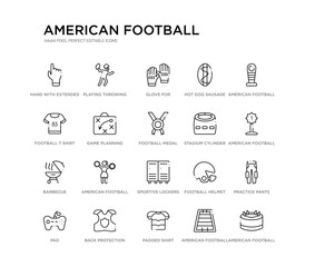 set of 20 line icons such as sportive lockers, american football cheerleader jump, barbecue, stadium cylinder, football medal, game planning, football t shirt with number 83, hot dog sausage in