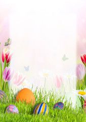 Easter postcard with eggs and flowers