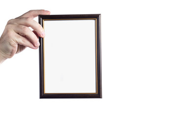 Hand holding picture frame isolated on white background