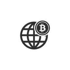 Globe with bitcoin icon in simple design. Vector illustration