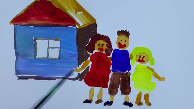 Drawing of family and house. Time lapse.