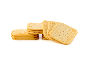 Crackers on a white background. Salty crackers close up on a white background.