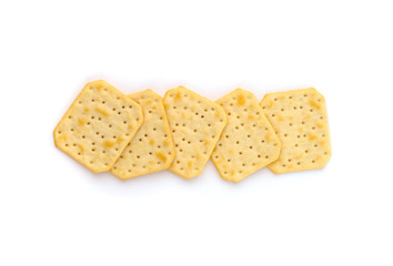 Crackers on a white background. Salty crackers close up on a white background.