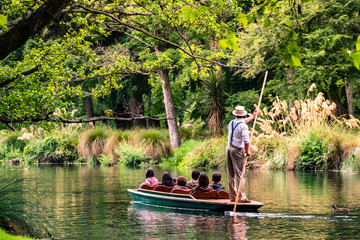 New Zealand, Christchurch, People are enjoing on the boat on the river in Botanic garden.