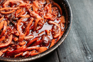 Making jam with red oranges. Selective focus. Shallow depth of field.