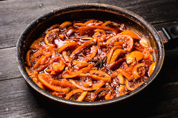 Making jam with red oranges. Selective focus. Shallow depth of field.