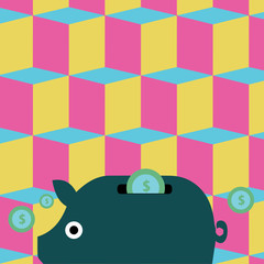 Colorful Piggy Money Bank and Coins with Dollar Currency Sign in the Slit Design business concept Empty template copy space text for Ad website isolated