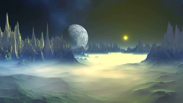 Mysterious Alien Planet. A bright yellow sun rises over a rocky foggy planet. In the dark starry sky nebula and a big moon over the horizon. The fog slowly dissipates. 