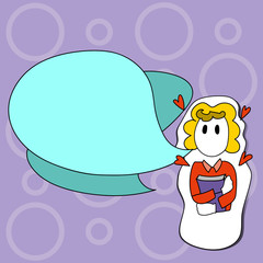 Girl Holding Book with Small Hearts Around her and Two Color Speech Bubble Design business concept. Business ad for website and promotion banners. empty social media ad