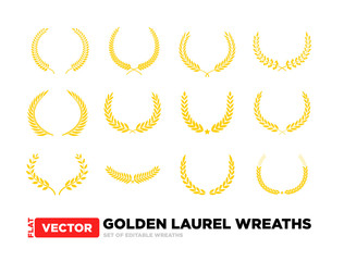 Golden laurel wreaths set, flat editable vector