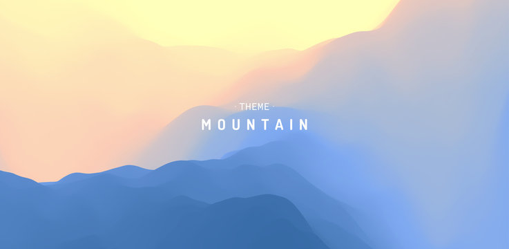 Landscape with mountains and sun. Sunrise. Mountainous terrain. Abstract background. Vector illustration.