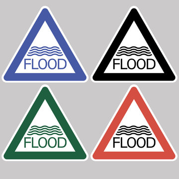 Flood. Triangular sign,set.Information about the natural phenomenon dangerous to life and health in the area.