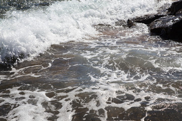 Beautiful coastline with sand and water. blue sea wave photograph close up. vacation at sea or ocean. Background to insert images and text. Tourism, travel.