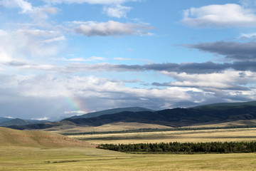 Wide steppe with yellow grass under a blue sky with white clouds Sayan mountains Siberia Russia