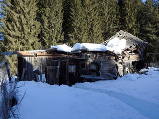 Old building damaged by snow in the forest,