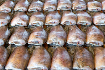Sun dry Trichogaster pectoralis in bamboo basket for Prepare cooking