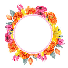 Beautiful watercolor card with different flowers. Lily, gerbera, tulip isolated on whitel background. Botanical illustration for your invitation and congratulations.