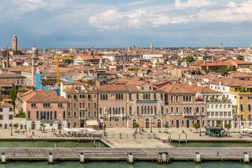 Fototapeta na wymiar View from the sea of a part of Venice, famous city of Italy full of art and architecture