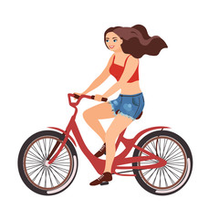 Fototapeta na wymiar Beautiful young girl riding red bicycle happy side profile view. Vector illustration of a flat design isolated on white background. People playing sports in the open air.