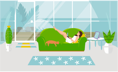 Vector illustration of freelance work. A girl is working on a computer and is lying on a sofa with a cat at home in a cozy room. Studying courses online in a cozy setting. Distance higher education.