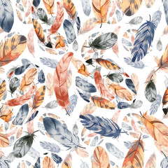 Pattern with bright cute feathers, in watercolor style! Happy Easter!