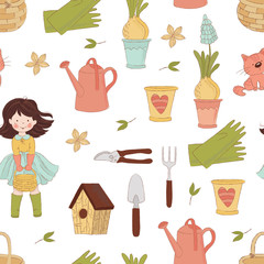 GARDEN TEXTILE Spring Season Nature Gardening Girl Work Holiday Cartoon Seamless Pattern Vector Illustration for Print Fabric and Digital Paper