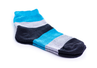 Pair blue gray black sock on white background isolation