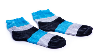 Pair blue gray black sock on white background isolation