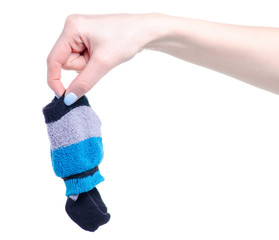 Pair blue gray black sock in hand on white background isolation