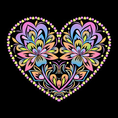 Heart cliche. Ethnic colotful floral template for design, for embroidery. Vector print.