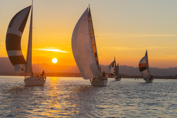 Yachts under sail and silhouette of setting sun